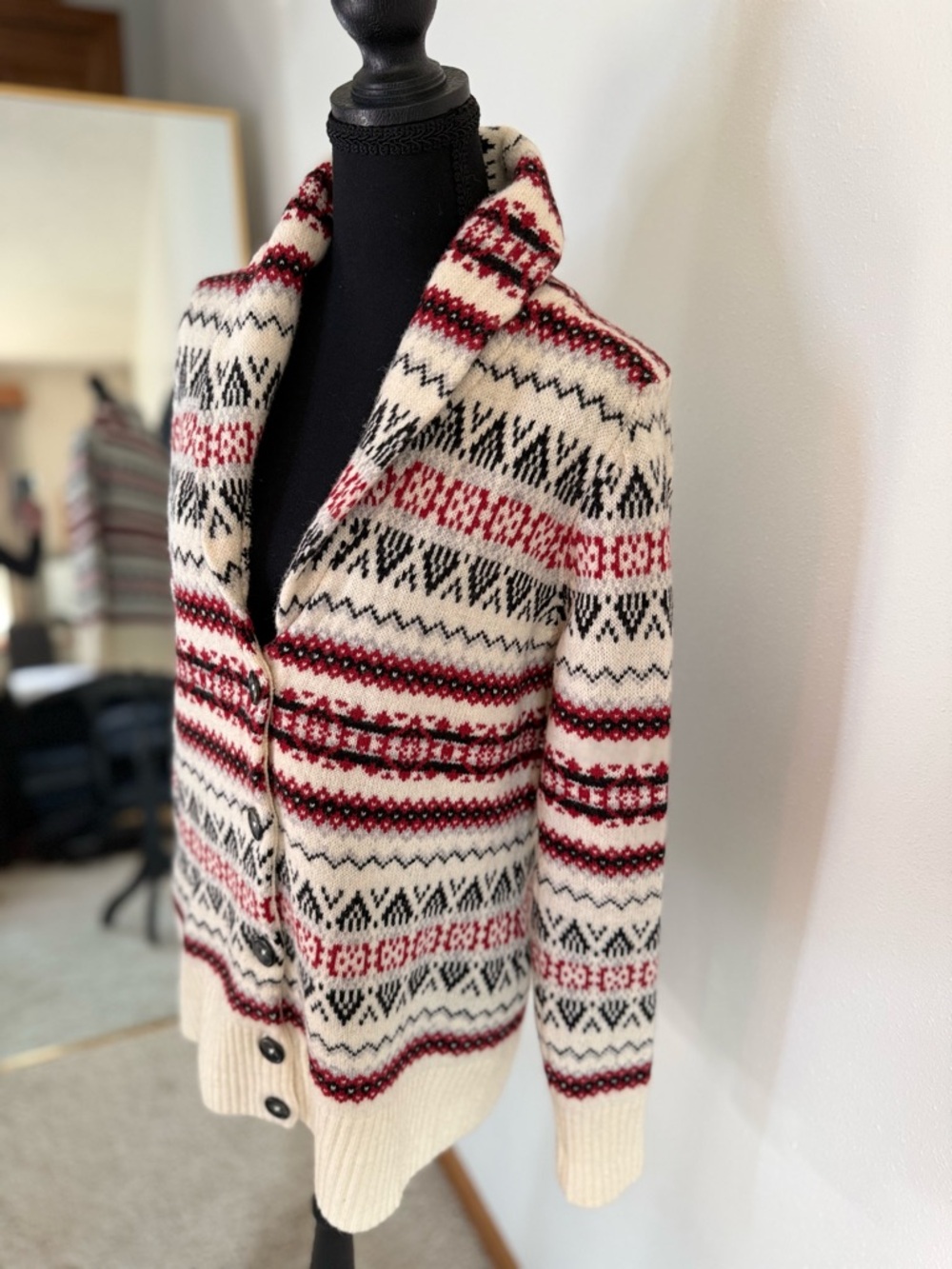 Vintage Fair Isle Cardigan Medium Red Cream Nordic Knit Button Sweater - Picture 5 of 11